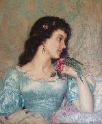 Weerts Jean Joseph Beautiful pensive portrait of a young woman with a bird and flower oil painting reproduction